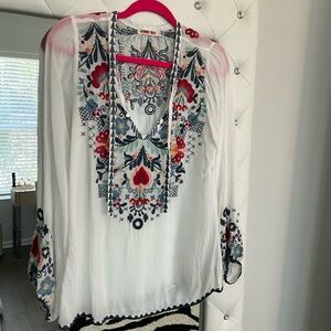 Johnny Was White Blouse with Multicolor Embroidery